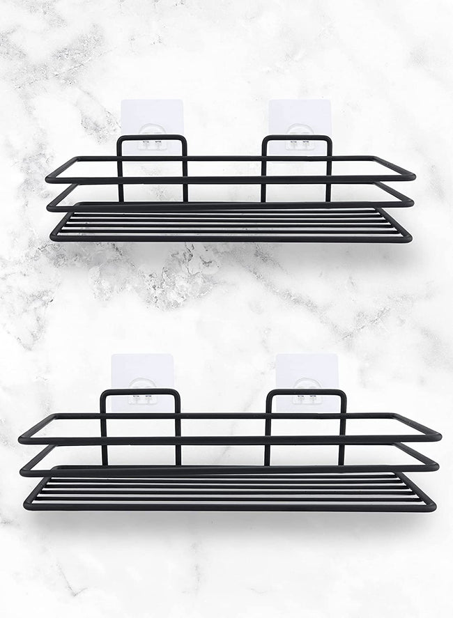 Royal House Shower Caddy Basket Shelf, Bath Accessories , Shampoo Holder Organizer No Drilling Wall Mounted Adhesive Bathroom Storage Black Stainless Steel - 2 different size