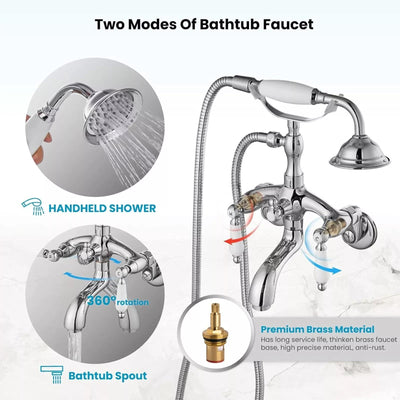 feetron Chrome Clawfoot Tub Faucet Wall Mount Bathtub Filler Tap with Hand Shower Dual Handle