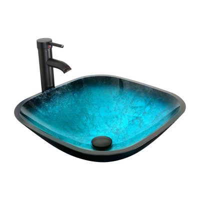 Eclife 16.5" Square Tempered Glass Bathroom Sink Combo with Faucet 1.5 GPM and Pop up Drain Bathroom Bowl, Turquoise