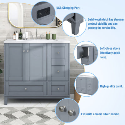 36" Bathroom Vanity, Bathroom Vanity with USB Charging, 2 Doors and 3 Drawers Bathroom Storage Vanity Cabinet, Small Bathroom Vanity Cabinet with Single Sink, Combo Cabinet Under-Mount Sink (Grey)