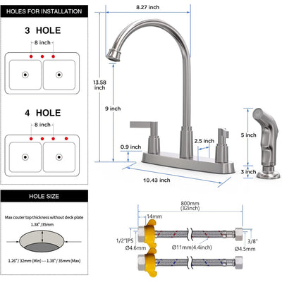 GOWIN Brushed Nickel Kitchen Faucet with Side Sprayer,2 Handle Kitchen Sink Faucet，Kitchen Faucets for Sink 3 Hole or 4 Hole,High Arc Stainless Steel 8 Inch Centerset Kitchen Faucet