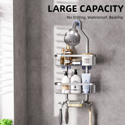 AHOXE Hanging Shower Caddy Over Shower Head Caddy Rustproof No Drilling Bathroom Organizer Rack, Silver