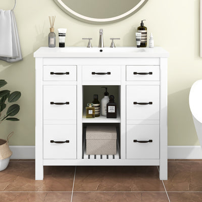 Bathroom Vanity with Sink, 36 inch Bathroom Vanity with Sink, Bathroom Sink Vanity with 3 Drawers and 2 Open Shelf, Built-in Soft Closing Door, Freestanding Bathroom Vanity Cabinet for Bathroom, White