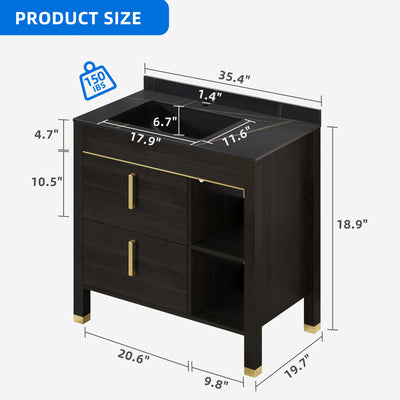 Dextrus 36 Inch Bathroom Vanity with Marble Sink, Mid-Century Modern Free Standing Bathroom Sink Storge Cabinet with Drain, Walnut and Gold