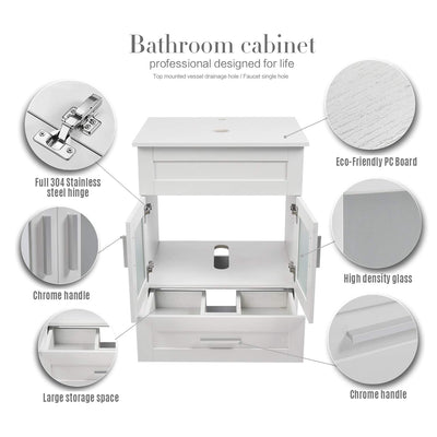 PULUOMIS 24 Inch Bathroom Vanity Set with Sink PVC Board Cabinet Vanity Combo with Counter Top Ceramics Sink Vanity Mirror and 1.5 GPM Faucet