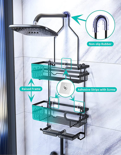 LEFEE Over the Shower Caddy with 2 Large Capacity Basket Shelves with 2 Soap Rack and 14 Hooks, Over the Shower Head No Drilling Rustproof Shower Caddies for Bathroom,Stainless Steel