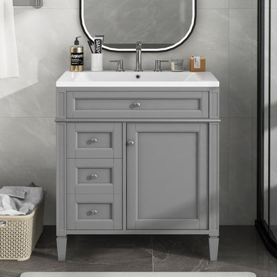 30" Bathroom Vanity with Sink, Bathroom Vanities Combo Cabinet with 3 Drawers and Storage Cabinet, Stand Storage Bathroom Vanity Cabinet for Bathroom & Small Space, Grey