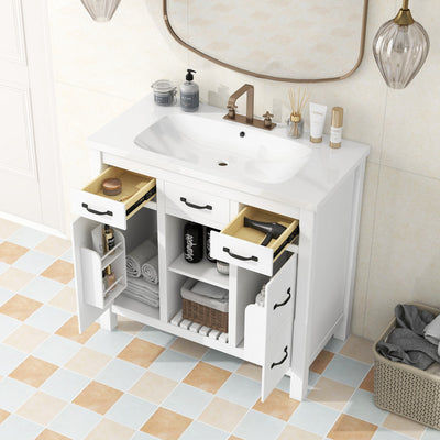 Bathroom Vanity with Sink, 36 inch Bathroom Vanity with Sink, Bathroom Sink Vanity with 3 Drawers and 2 Open Shelf, Built-in Soft Closing Door, Freestanding Bathroom Vanity Cabinet for Bathroom, White