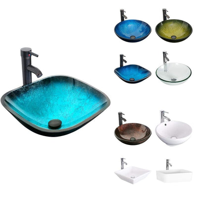 Eclife 16.5" Square Tempered Glass Bathroom Sink Combo with Faucet 1.5 GPM and Pop up Drain Bathroom Bowl, Turquoise