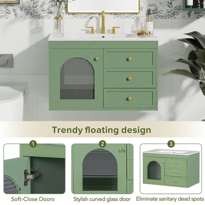 EUROCO 30" Floating Bathroom Vanity with Ceramic Sink,Modern Bathroom Sink Cabinet with 1Door and 2 Storage Drawers,Green