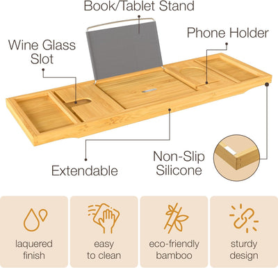 Bambüsi Luxury Bamboo Bathtub Tray Caddy - Expandable and Foldable Nonslip Bath Caddy with Book/Tablet and Wine Glass Holder - Gift for Her or Him