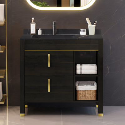 Dextrus 36 Inch Bathroom Vanity with Marble Sink, Mid-Century Modern Free Standing Bathroom Sink Storge Cabinet with Drain, Walnut and Gold