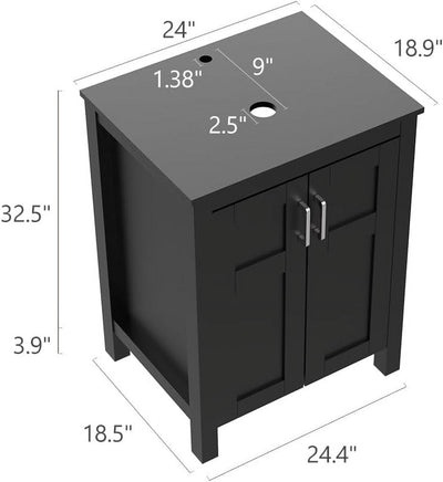 PULUOMIS 24 Inches Traditional Bathroom Vanity Set in Black Finish, Single Bathroom Vanity with Top and 2-Door Cabinet, Brown Glass Sink Top with Single Faucet Hole